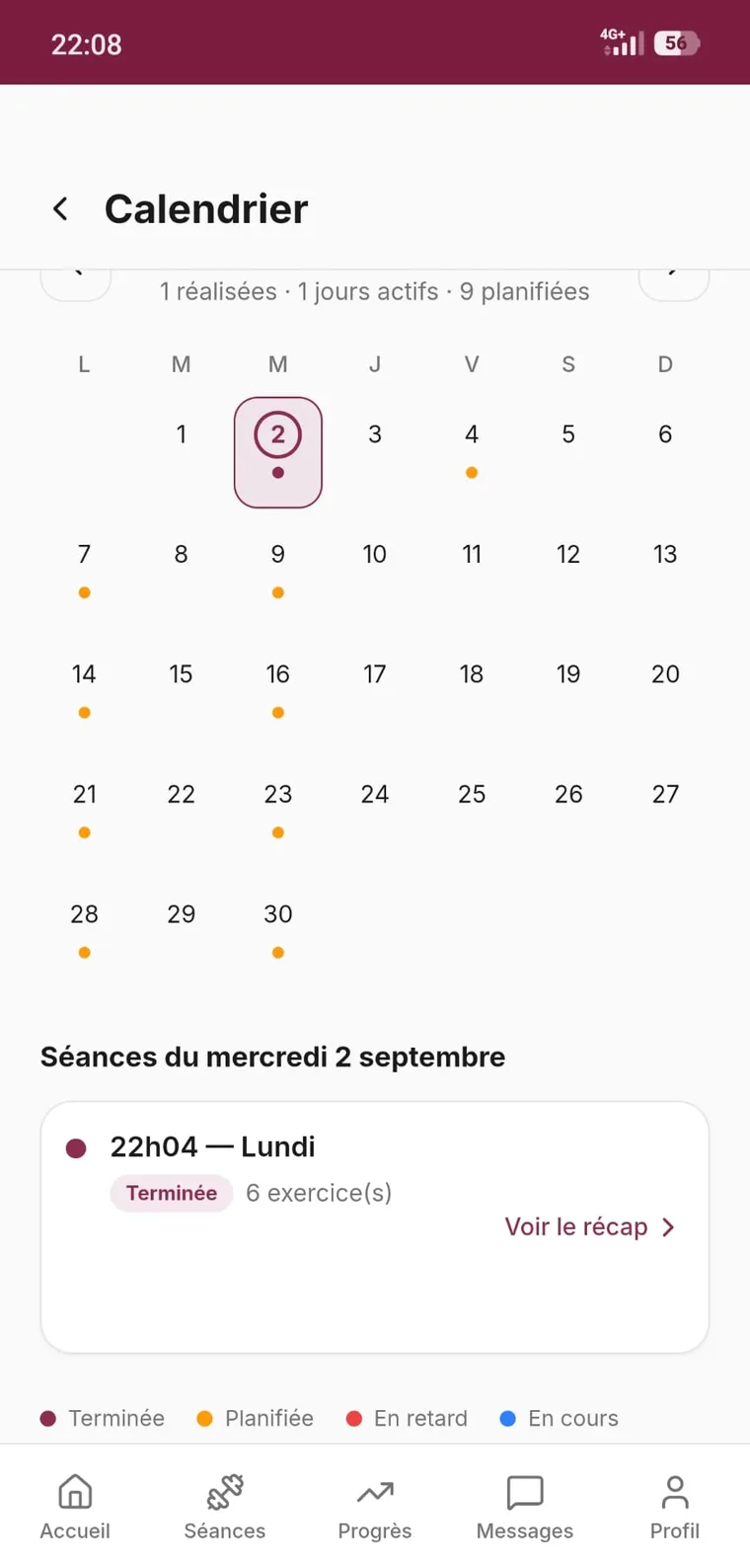 Calendrier d'Ermina Training : les séances planifiées du mois et la séance déjà réalisée