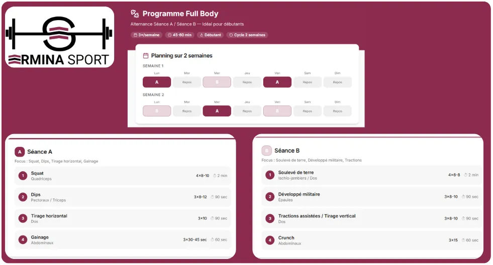 Planning d'entraînement Full Body pour débutant sur 2 semaines avec alternance séance A et séance B