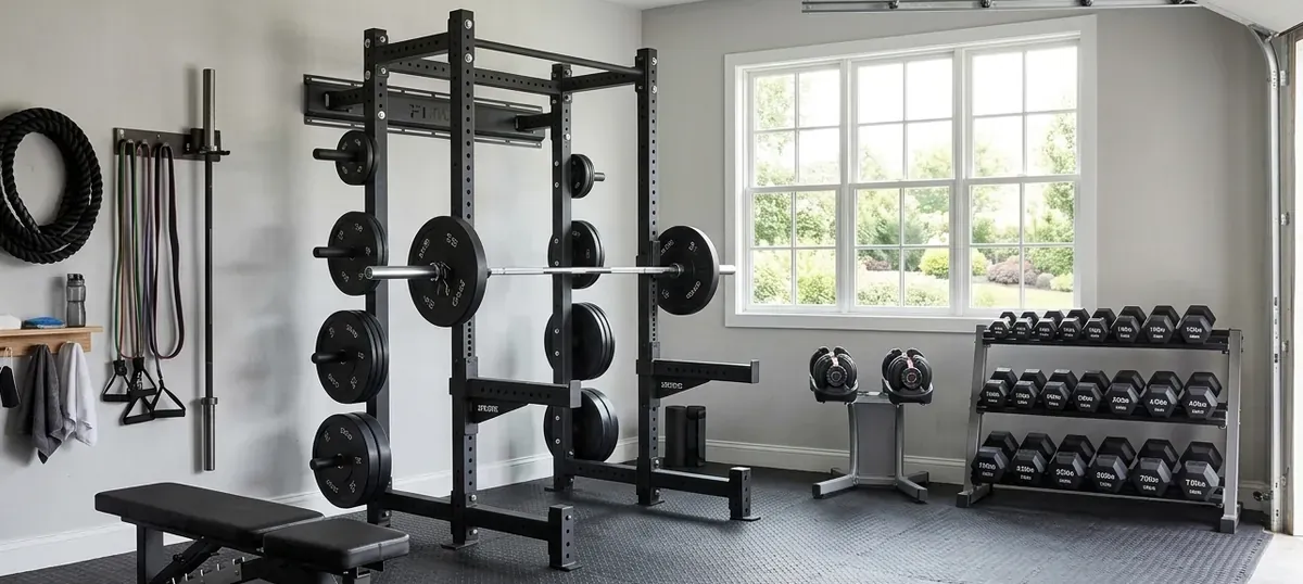 Home gym aménagé dans un garage avec rack et barres olympiques