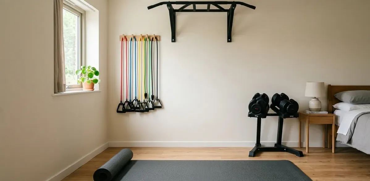 Setup home gym minimal avec haltères et tapis de sol pour débuter la musculation à domicile