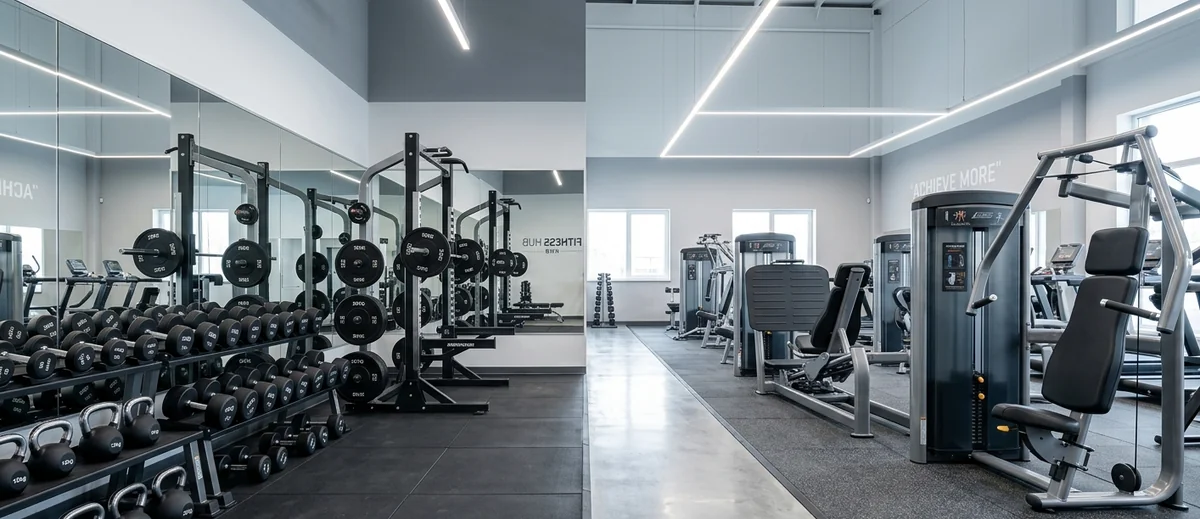 Salle de musculation avec machines et poids libres disponibles