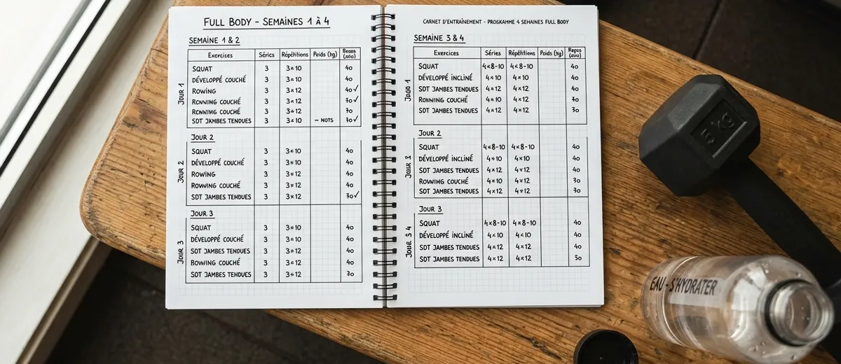 Planning d'entraînement Full Body 4 semaines pour débutant : structure de progression avec phases d'adaptation et augmentation du volume