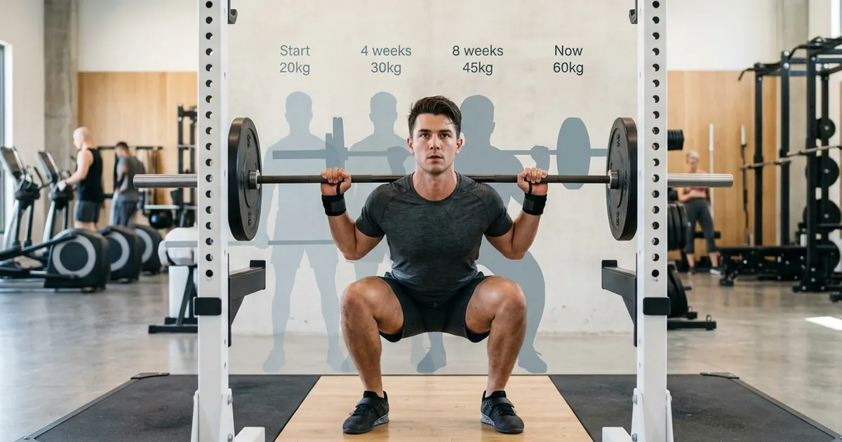 Débutant en salle de musculation suivant un plan de progression structuré